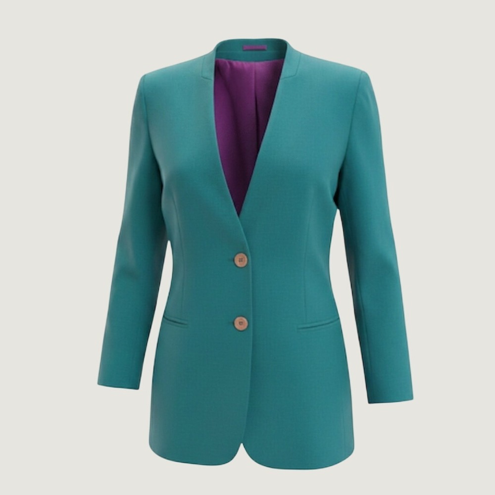 80s Vintage George Georgiou Teal 100% Silk Collarless Two Button Blazer Women 12